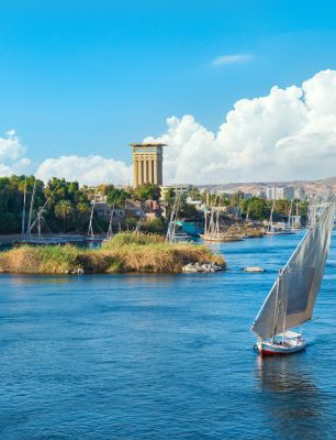 Saiboats in Aswan on river Nile at summer day, Egypt